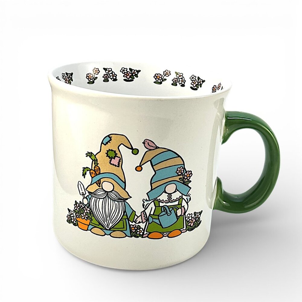 Novogratz GNOME Floral Spring Mug White & Green Ceramic Coffee Cup 20 oz